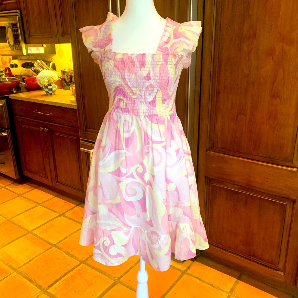 Hill House The Elizabeth Nap Dress Pink Candy Kaleidoscope Pockets Linen  XS